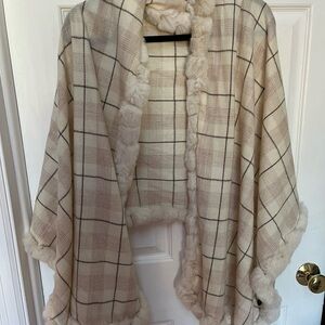 Plaid Cream Shawl with Real Fur